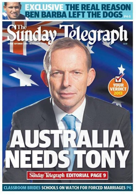 Front page of The Sunday Telegraph on 1 September December 2013. The tabloid newspaper is the weekend edition of the Daily Telegraph, owned by News Corp.